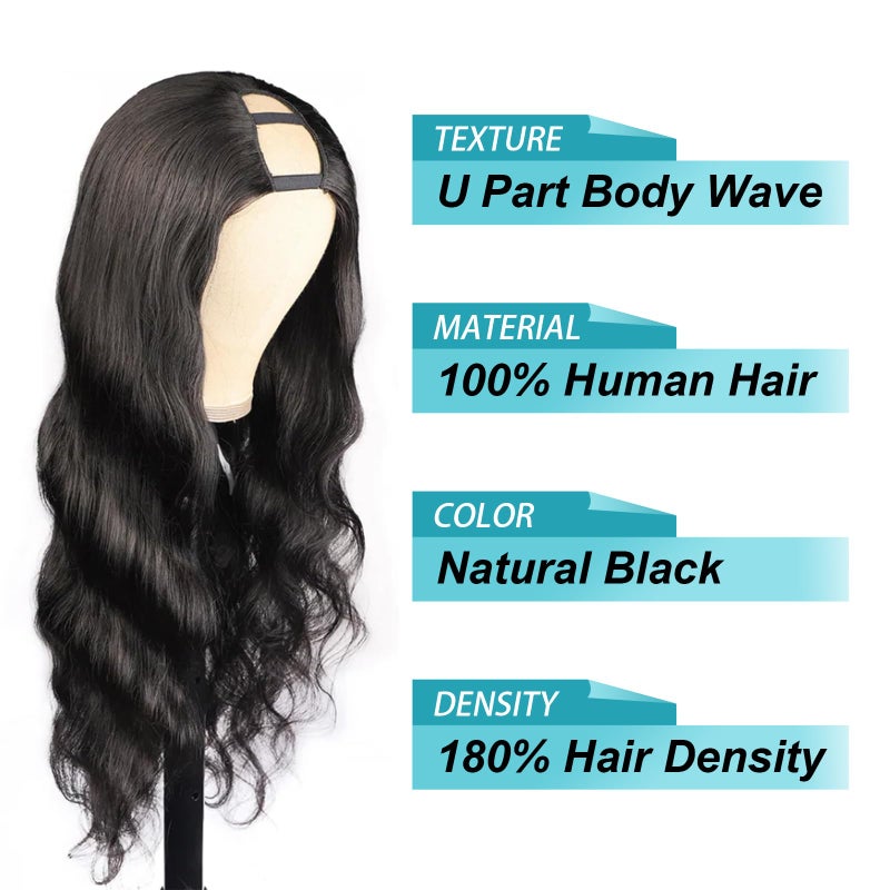 EMOL U Part Human Hair Wig Body Wave 18 Inches Upart Wig for Black Women Medium Length Brazilian Remy Human Hair Glueless Wigs Natural Black Breathable No Sew In Beginner Friendly - Image 3